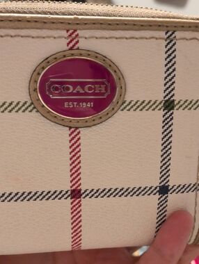 Coach Tattersall White Plaid Wristlet with Pink Logo Plaque